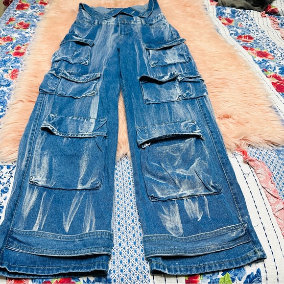 Button Up Strapless Pockets Straight Leg Denim Jumpsuit-Blue Sz M - Picture 2 of 11